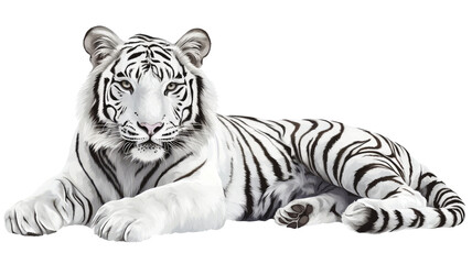 Obraz premium Majestic white tiger with striking fur patterns and intense gaze showcasing powerful features and natural beauty isolated on white background