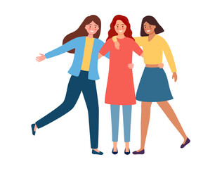 Happy smiling cheerful girls group. Friendly female friends hugging, embracing together. Girlfriends, besties unity.