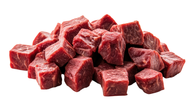 Pile of beef cubes with rich marbled texture and fresh cuts showing tender meat details clearly isolated on white background