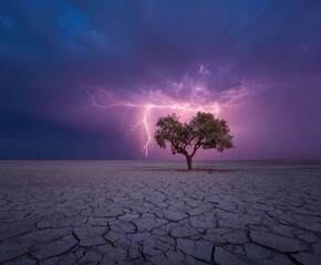 Lightning striking behind a lonely tree on cracked earth under a dramatic, purple sky