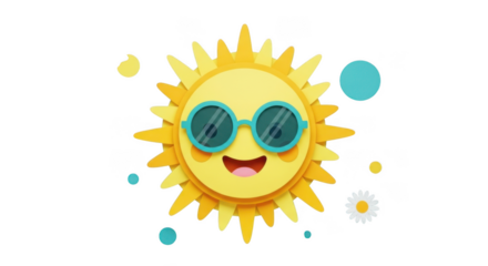 Cute cartoon sun wearing sunglasses with a happy face isolated on transparent background