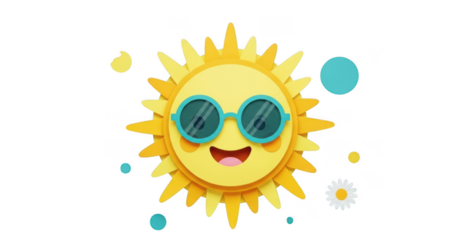 Cute cartoon sun wearing sunglasses with a happy face isolated on transparent background - Powered by Adobe