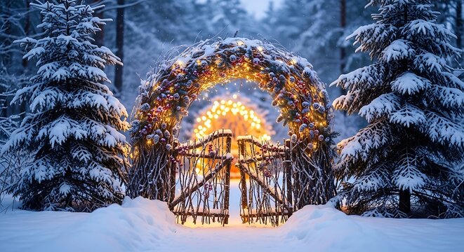Snowy winter scene with decorated archway and gate in a forest with christmas lights - Powered by Adobe