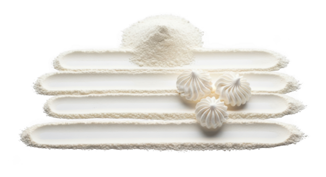 Stack of fluffy white powder puffs with loose powder on a transparent background isolated on transparent background