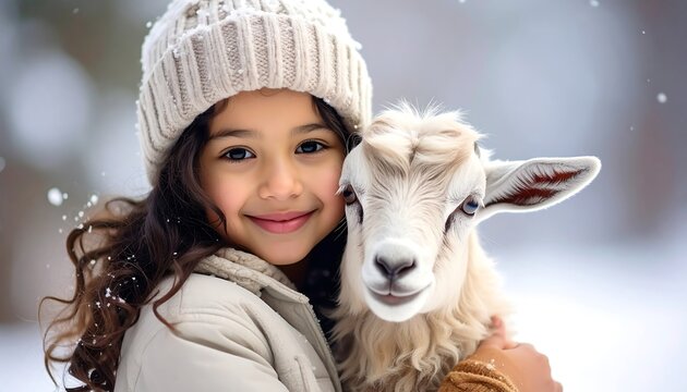 A young girl with long dark hair and a beanie hat hugs a small, fluffy lamb in a snowy, wintery scene. The pair smile
