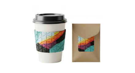 White coffee cup with colorful sleeve and brown paper bag isolated on transparent background
