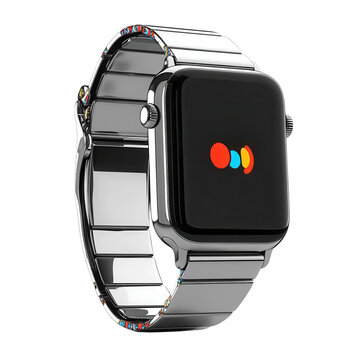 Silver Smartwatch Mockup with Assistant App Display on Black Background Wearable Tech on transparent background