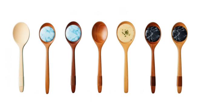 Collection of seven wooden spoons with various ingredients isolated on transparent background