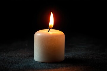 Warm, lit candle on a dark surface glows in soft light against a black background