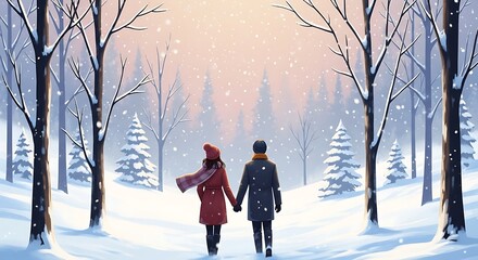 A couple holding hands walking through a snowy forest with bare trees and snow covered ground