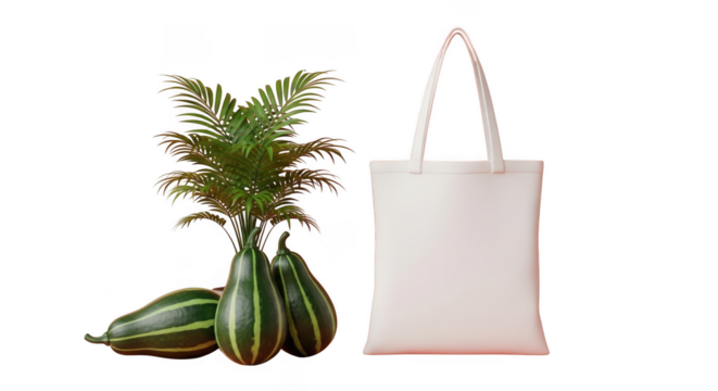Natural still life arrangement with white tote bag and gourds isolated on transparent background