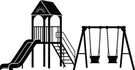 Playground equipment silhouette illustration, monochrome black and white icon of a slide, play structure, and swing set, park and recreation graphic.