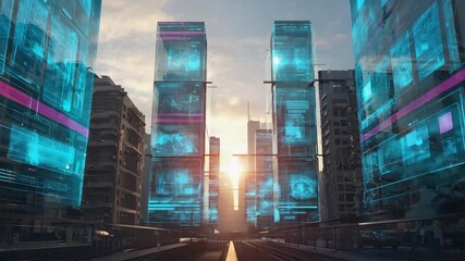 Digital futuristic city skyline with glowing holographic towers illuminated by sunlight, symbolizing innovation, artificial intelligence, modern urban development of technologically advanced future. - Powered by Adobe