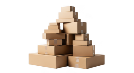Tall stack of various sized cardboard shipping boxes isolated on transparent background