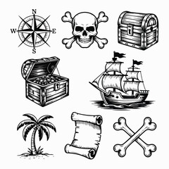 Vintage Woodcut Engraving Pirate & Nautical Adventure Icon Set