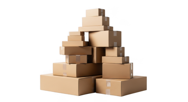 Tall stack of various sized cardboard shipping boxes isolated on transparent background
