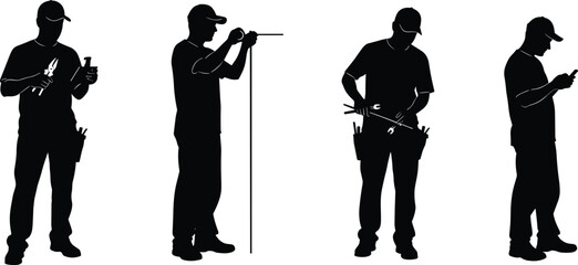 Tradesmen and service workers silhouettes, four monochrome icons of repairmen using tools, level, and smartphone, maintenance and service graphic.