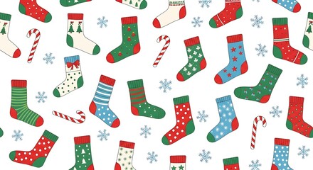 Festive christmas socks and candy canes pattern on a white background with snowflakes scattered