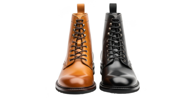 Pair of tall lace up combat boots in tan and black isolated on transparent background