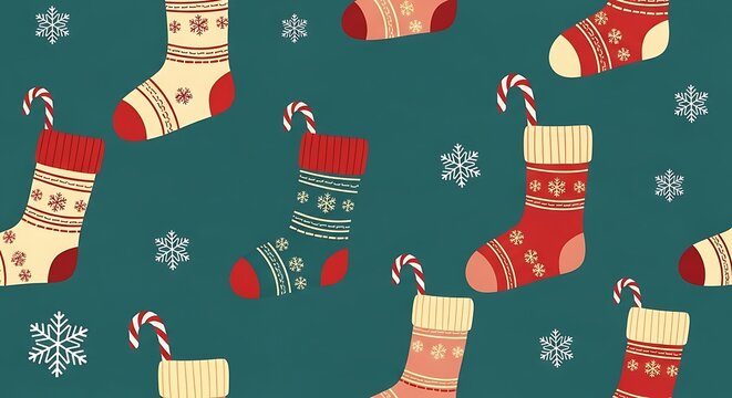 Pattern of christmas stockings with candy canes and snowflakes on a teal background image