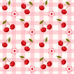 Seamless Fruit Pattern With Red Cherries on Pink Checkered Texture
