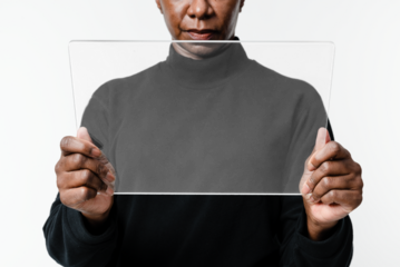 Transparent tablet png screen mockup with woman innovative technology