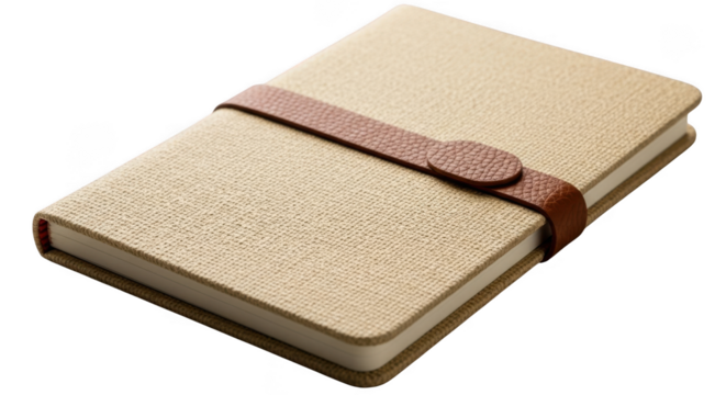 Vintage textured notebook with leather strap and embossed cover isolated on transparent background