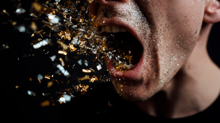Close-up of a person screaming, releasing a burst of confetti from their mouth; concept of emotional release and frustration at the end of the year