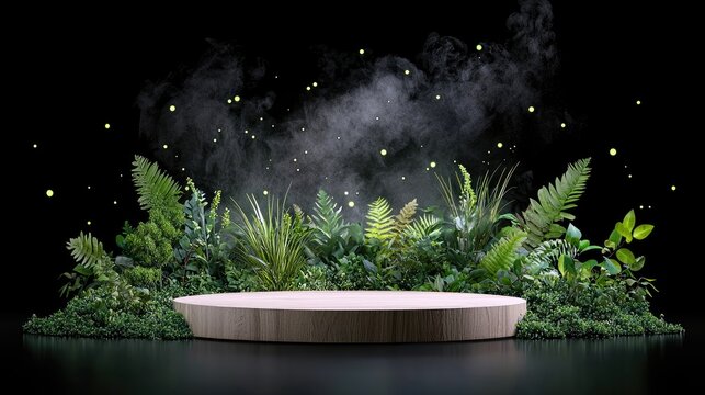 A circular wooden platform is set amidst dense green foliage, with wisps of smoke and small yellow lights creating a mystical atmosphere against a dark backgrou