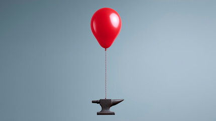 A red helium balloon attached to a heavy, rising anvil. Concept of financial debt