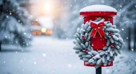 Red mailbox with christmas wreath in snowy landscape during winter season outdoors view