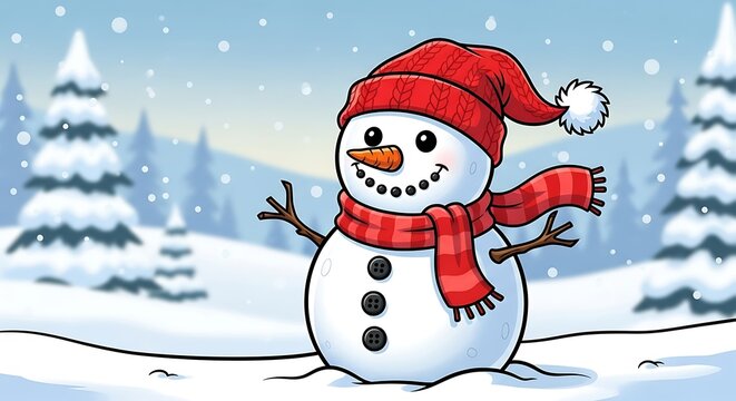 Cartoon snowman wearing a red hat and scarf in a snowy landscape with pine trees background