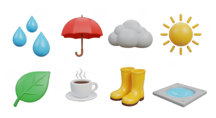 Collection of weather icons and seasonal elements isolated on transparent background