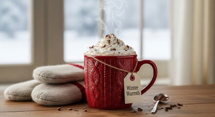 A red mug with whipped cream and chocolate shavings next to slippers on a wooden table