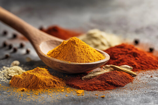Aromatic Indian Spice Blend with Wooden Spoon Close-Up