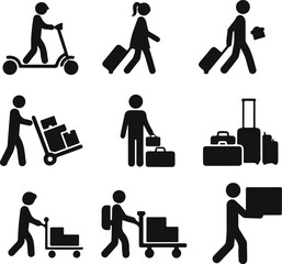 Fototapeta premium People traveling moving luggage using scooters and pushing carts icon set