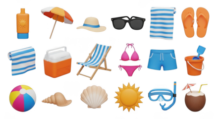 Collection of summer beach vacation objects isolated on transparent background
