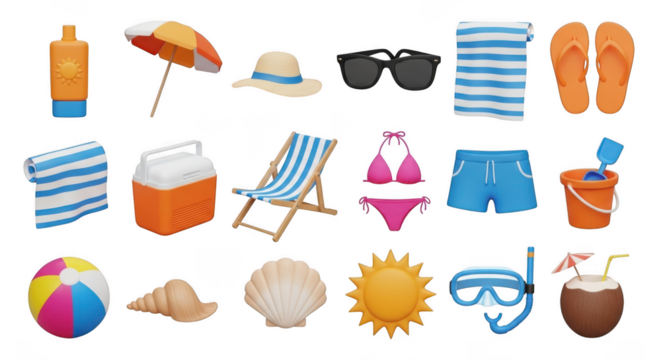 Collection of summer beach vacation objects isolated on transparent background