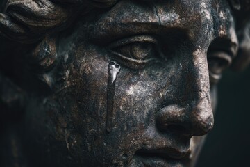 Close up on a bronze statue's face with a single tear streaming from its eye