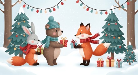 Obraz premium Animals exchanging christmas gifts in a snowy winter forest with christmas tree lights above