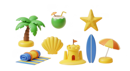 Collection of miniature beach themed objects isolated on transparent background