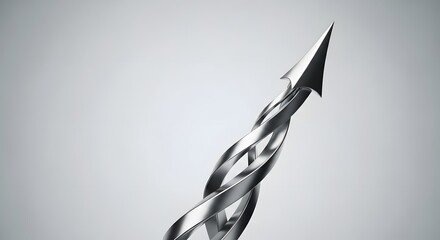 Abstract chrome twisted arrow moving sharply upward suggesting accelerated growth success and advancement on a bright white to light gray gradient background 