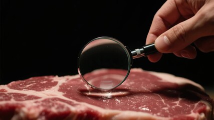 Raw Steak with Magnifying Glass Food Safety in Meat Industry through HACCP Standards and Certification for Quality Control and Safe Consumption