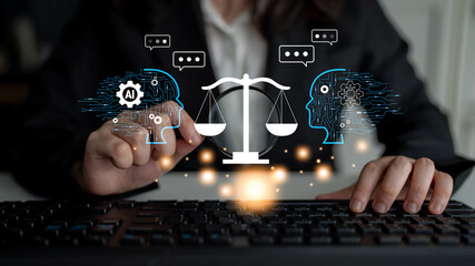 AI in law and the future of the legal justice system. A concept of AI assisting in legal debate, analysis, and decision making. Motif