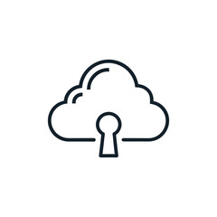 “Minimalist line icon of a cloud with a keyhole in the center, tech security concept, black outline.”
