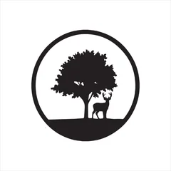 Selbstklebende Fototapeten Zoo  Vector deer under tree nature wildlife scene black silhouette illustration  © Humayun