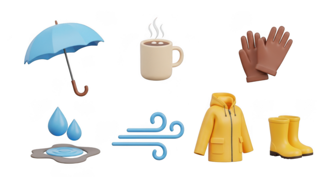 Collection of weather protection items and symbols isolated on transparent background