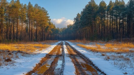 Snowy forest path in winter sunlight