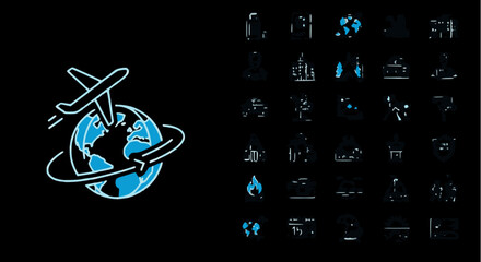 Transportation and Global Logistics Icons Set: Vector collection of travel, airplane, globe, delivery, shipping, bus, car, boat, and logistics symbols in a black and blue line-art style.