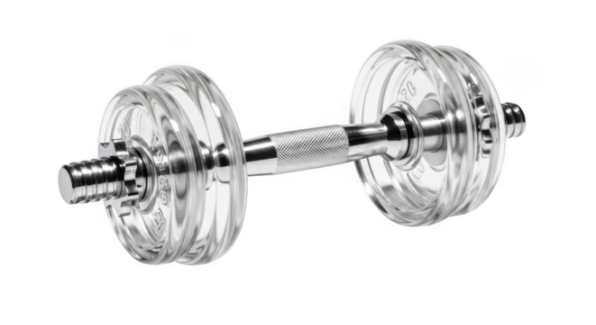 A clear acrylic dumbbell with textured grips and ribbed weight plates isolated on transparent background